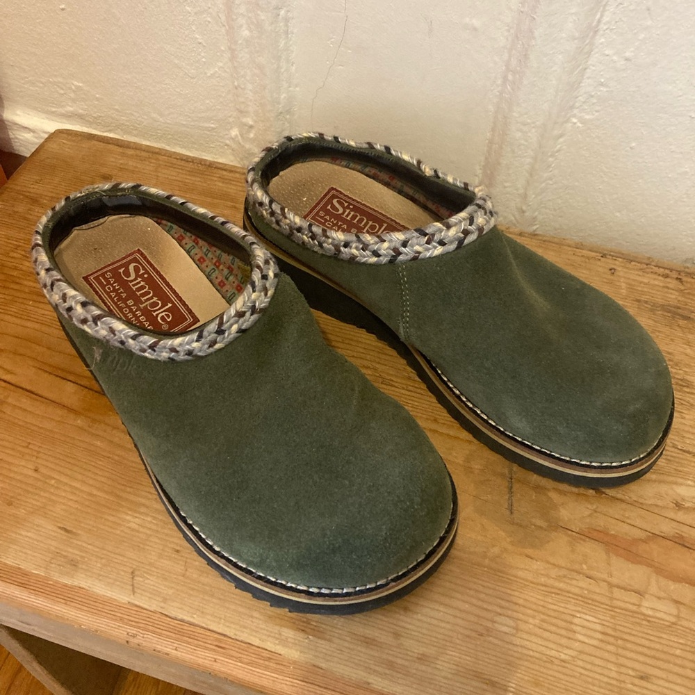 Simple Olive Green Suede Clogs, size 7